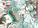  aqua_hair bad_id bad_pixiv_id cable detached_sleeves feathers hatsune_miku highres long_hair lying moonsorrow navel necktie open_clothes open_shirt panties shirt skirt solo thighhighs traditional_media twintails underwear vocaloid 