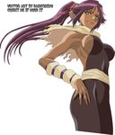  absurdres black_bodysuit bleach bodysuit dark_skin from_below highres ponytail purple_hair shihouin_yoruichi vector_trace yellow_eyes 