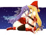  2girls blonde_hair christmas fate_testarossa ginga_nakajima ibuki_pon long_hair low-tied_long_hair lyrical_nanoha mahou_shoujo_lyrical_nanoha_strikers multiple_girls santa_costume thighhighs topless 