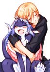  anthro blonde_hair blue_hair blush dragon duo eyes_closed female flat_chest hair horn horns hug human hybrid loli male mammal plain_background snooow white_background wings yksel young 