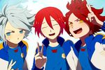  bad_id bad_pixiv_id banned_artist blue_eyes closed_eyes harano inazuma_eleven inazuma_eleven_(series) inazuma_japan jacket kiyama_hiroto lightning_bolt male_focus multiple_boys nagumo_haruya open_mouth red_hair soccer_uniform sportswear suzuno_fuusuke v white_hair yellow_eyes 