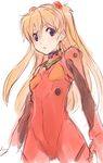  blue_eyes blush bodysuit brown_hair ha-ru long_hair neon_genesis_evangelion plugsuit shikinami_asuka_langley simple_background solo souryuu_asuka_langley 