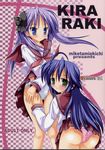  ass blue_eyes blue_hair blue_panties blush bow cover cover_page doujinshi green_eyes hair_bow high_res highres hiiragi_kagami izumi_konata kagami_hiiragi long_hair lucky_star miketa_miekichi mole multiple_girls panties pantsu purple_hair school_uniform shimapan skirt striped striped_panties twintails underwear 