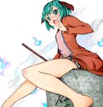  animal_ears bamboo bamboo_broom bare_legs barefoot blush broom dress feet foreshortening from_below grave green_eyes green_hair hand_to_own_mouth kasodani_kyouko open_mouth pink_dress reri sitting solo tombstone touhou 