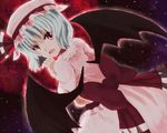  bat_wings blue_hair fang hat looking_back moon night night_sky open_mouth raayu_(meltaway) red_eyes red_moon remilia_scarlet sky solo star_(sky) touhou wings 