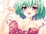  :d arm_up bad_id bad_pixiv_id bare_shoulders blush breasts cleavage dress flower green_hair hair_flower hair_ornament kazami_yuuka lying medium_breasts no_bra on_back open_mouth pilky red_dress red_eyes short_hair smile solo strap_slip touhou 