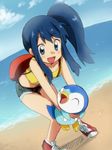  :d bad_id bad_pixiv_id beach blue_eyes blue_hair blush carrying cosplay day denim denim_shorts gen_4_pokemon hikari_(pokemon) holding holding_pokemon kasumi_(pokemon) kasumi_(pokemon)_(cosplay) leaning_forward long_hair maruki_(punchiki) midriff no_hat no_headwear open_mouth outdoors piplup pokemon pokemon_(anime) pokemon_(classic_anime) pokemon_(creature) pokemon_dp_(anime) shoes shorts side_ponytail sidelocks smile sneakers solo suspenders tank_top 