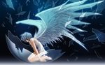  angel_wings barefoot blue_eyes blue_hair broken_glass carnelian glass highres nightgown off_shoulder original solo wallpaper wings 