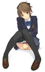  blazer brown_eyes brown_hair cosplay hirasawa_ui jacket k-on! masturbation mibu_natsuki ogiso_setsuna ogiso_setsuna_(cosplay) panties panty_pull pantyhose pantyhose_pull pussy_juice school_uniform seiyuu_connection solo underwear 