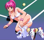  artist_request ball bra breasts cleavage green_eyes green_hair lingerie lying mahjong_sports_line medium_breasts on_side panties pc98 pink_hair ponytail shoes sneakers solo sport tennis_ball underwear underwear_only undressing 
