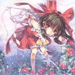  annoyed arms_behind_back ascot bow brown_hair detached_sleeves flower frilled_skirt frills gohei hair_bow hair_tubes hakurei_reimu highres kneehighs leaf leaning_forward looking_at_viewer north_abyssor red_eyes sarashi short_hair skirt skirt_set solo touhou 