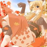  blue_eyes blush canine female fox hair japanese_clothing kimono leaves long_blonde_hair long_hair looking_at_viewer mammal open_mouth pattern solo yosuke7390 