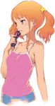  anjou_naruko ano_hi_mita_hana_no_namae_wo_bokutachi_wa_mada_shiranai. bare_shoulders blush breasts earrings eyewear_removed glasses hair_ornament holding holding_eyewear jewelry kawata_hisashi lips long_hair medium_breasts nail_polish orange_eyes orange_hair simple_background solo tank_top twintails 