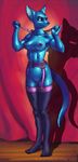  blue blue_body bottomless canine clothed clothing curtains female garter_belt garter_straps half-dressed legwear lingerie mammal muscles muscular_female pantsless red_eyes solo stage standing stockings suspenders topless zaggatar 