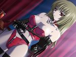  bdsm belt blonde_hair boots breasts brown_hair cleavage collar crotch_zipper curtains dominatrix dutch_angle elbow_gloves femdom game_cg gloves large_breasts leather long_hair midriff panties red_eyes red_leather red_panties saitou_natsuki solo thigh_boots thighhighs underwear whip yoku_dekimashita. zipper 