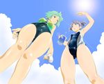  bad_id bad_pixiv_id blue_eyes bottle brown_eyes competition_swimsuit from_below green_hair highres multiple_girls one-piece_swimsuit original perspective pocari_sweat purple_hair shoko_(moccom) short_hair speedo_(company) swim_cap swimsuit twintails 