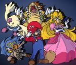  1girl bad_id bad_pixiv_id blonde_hair blue_eyes bomb bowser crown dress earrings elbow_gloves facial_hair geno_(mario) gloves hat jewelry long_hair mallow_(mario) mario mario_(series) mustache pink_dress piu princess_peach super_mario_bros. super_mario_rpg 