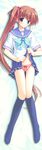  absurdres blue_eyes blue_legwear brown_hair dakimakura full_body highres long_hair lying momose_mio no_shoes panties pastel pink_panties school_uniform side_ponytail skirt skirt_lift socks solo thigh_gap underwear very_long_hair yuki_usagi 