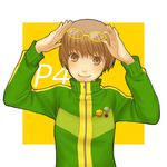  brown_eyes brown_hair eyewear_on_head glasses jacket persona persona_4 satonaka_chie short_hair smile smiley_face solo track_jacket usamochi_(maiku) yellow-framed_eyewear 