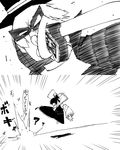  1girl action comic crossover greyscale hakurei_reimu hamburglar kicking mcdonald's monochrome touhou translated yaza 