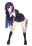  black_legwear blush cross full_body hair_ornament hairclip kannagi kneehighs leaning_forward loafers long_hair one_eye_closed purple_eyes purple_hair shirabi shoes sign simple_background smile solo standing zange 