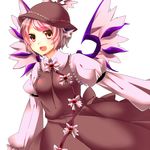  alternate_wings animal_ears bad_id bad_pixiv_id breasts earrings hat jewelry medium_breasts mystia_lorelei outstretched_arms pink_eyes pink_hair simple_background smile solo spread_arms touhou wings yutazou 