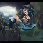  bad_id bad_pixiv_id blue_hair food fruit hat hinanawi_tenshi long_hair peach ph. rock sitting smile solo sword sword_of_hisou touhou weapon 