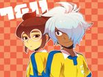  back-to-back bad_id bad_pixiv_id black_eyes brown_hair dark_skin dark_skinned_male glasses hair_over_one_eye hajime_(vasu) hayami_tsurumasa inazuma_eleven_(series) inazuma_eleven_go kurama_norihito multiple_boys smile soccer_uniform sportswear 