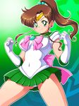  back_bow bishoujo_senshi_sailor_moon bow brown_hair choker covered_navel elbow_gloves gloves green_choker green_eyes green_sailor_collar green_skirt kino_makoto long_hair pink_bow ponytail sailor_collar sailor_jupiter sailor_senshi_uniform skirt solo tanuki_yousuke tiara white_gloves 