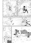  animal_ears cat_ears cat_tail chen chen_(cat) comic ear_piercing fox_tail greyscale hands_in_opposite_sleeves hat jewelry lying monochrome multiple_girls multiple_tails nekomata ofuda on_side piercing single_earring tail touhou transformation translated yakumo_ran yokochou 