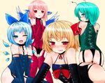  alternate_costume animal_ears antennae ass bare_shoulders blonde_hair blue_eyes blue_hair blush bow cirno corset from_behind garter_straps green_hair hair_bow hair_ribbon han_(jackpot) licking_lips lingerie looking_back multiple_girls mystia_lorelei naughty_face no_hat no_headwear one_eye_closed panties pink_eyes pink_hair red_eyes ribbon rumia short_hair simple_background team_9 thighhighs tongue tongue_out touhou underwear wings wriggle_nightbug 