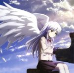  absurdres angel_beats! angel_wings blazer cloud day expressionless feathers highres instrument jacket long_hair non-web_source official_art piano scan school_uniform silver_hair sky socks solo tenshi_(angel_beats!) very_long_hair wings yellow_eyes 