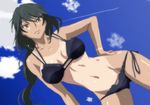  accessory_tan anime_coloring arm_at_side ass_visible_through_thighs bangs bikini black_bikini black_hair blue_sky breasts breasts_apart brown_eyes cleavage closed_mouth cloud cloudy_sky collarbone condensation_trail contrapposto cowboy_shot day dutch_angle eyebrows_visible_through_hair groin hair_between_eyes hair_tie hand_on_hip head_tilt hips infinite_stratos kyabakurabakufu large_breasts legs_apart long_hair looking_at_viewer low-tied_long_hair lowleg lowleg_bikini multi-strapped_bikini navel one-piece_tan orimura_chifuyu outdoors shiny shiny_skin side-tie_bikini sideboob sky slender_waist solo standing strap_gap sweat swimsuit tan tanline underboob 