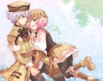  1girl aqua_eyes azel_(rune_factory) blush flower green_eyes hat headband holding_hands kousetsu open_mouth pink_hair rune_factory rune_factory_oceans short_hair silver_hair smile sonia_(rune_factory) 