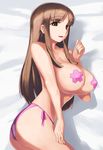  artist_request ass bed bikini bikini_bottom blush breasts brown_eyes brown_hair cleavage female huge_breasts hyuminone large_breasts lying open_mouth smile solo swimsuit 