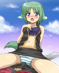  1girl animal_ears blue_eyes blush breasts bulge covered_nipples dog_days eclair_martinozzi erection fat_mons green_hair hetero medium_breasts nanamo_(002a) navel open_mouth panties shinku_izumi solo_focus straddling striped striped_panties tail tears underwear weapon 