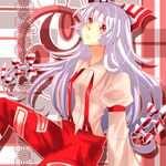  albino annoyed fujiwara_no_mokou kuroha long_hair red_eyes sitting solo touhou white_hair 