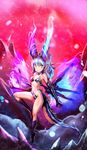  aqua_eyes blue_hair boots bottomless bow_(bhp) demon_girl high_heels highres horns long_hair multicolored multicolored_eyes no_pants original shoes solo tail wings 