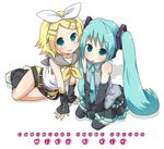  aqua_hair hatsune_miku kagamine_rin long_hair magamoto multiple_girls nail_polish thighhighs twintails very_long_hair vocaloid yellow_nails 