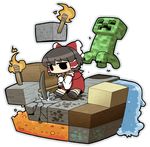  black_eyes black_hair block bow chibi coal cobblestone creeper crossover detached_sleeves diamond digging dirt hakurei_reimu jitome minecraft molten_rock pickaxe sand solo torch touhou ume_(noraneko) water 