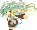  bad_id bad_pixiv_id detached_sleeves floating_hair green_eyes green_hair hand_on_own_chest hatsune_miku headset long_hair necktie open_mouth outstretched_arm skirt solo thighhighs twintails unino_(unino_sachi) very_long_hair vocaloid 