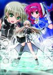  2girls amitie_florian artist_request bible_of_silver_cross book braid gloves gun hair_ribbon hairband lily_strosek long_hair lyrical_nanoha magic_circle mahou_senki_lyrical_nanoha_force mahou_shoujo_lyrical_nanoha mahou_shoujo_lyrical_nanoha_a's mahou_shoujo_lyrical_nanoha_a's_portable:_the_gears_of_destiny multiple_girls open_mouth purple_hair ribbon short_hair thighhighs thoma_avenir weapon 