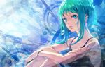  bare_shoulders casual green_eyes green_hair gumi just_a_game_(vocaloid) koromono short_hair short_hair_with_long_locks sidelocks sleeveless solo upper_body vocaloid wristband 