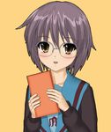  3d book brown_eyes cardigan megane nagato_yuki purple_hair school_uniform serafuku short_hair smile suzumiya_haruhi_no_yuuutsu 