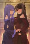  absurdres asymmetrical_docking bare_shoulders breast_envy breast_press breasts brown_hair choker cleavage dress evening_gown fate/hollow_ataraxia fate/stay_night fate_(series) formal highres large_breasts long_hair matou_sakura multiple_girls okazaki_takeshi purple_hair siblings sisters smile strapless strapless_dress toosaka_rin two_side_up 