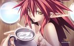  2010 agarest_senki agarest_senki_(series) bare_shoulders brown_eyes company_name copyright_name highres hirano_katsuyuki lavinia_(agarest_senki) long_hair official_art open_mouth pointy_ears red_hair solo_focus spiked_hair sweat 