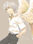  angel_wings hand_in_pocket male_focus nagisa_kaworu neon_genesis_evangelion red_eyes silver_hair smile solo tegaki wings 
