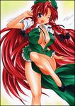  blue_eyes braid breasts chinese_clothes cleavage hat hong_meiling large_breasts leg_up legs long_hair long_legs red_hair solo star thighs torn_clothes touhou traditional_media twin_braids very_long_hair yadokari_genpachirou 