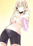  atoshi bike_shorts blonde_hair breasts colored_eyelashes covering covering_breasts detached_sleeves green_eyes highres large_breasts mizuhashi_parsee navel no_pupils pointy_ears sidelocks solo standing topless touhou 