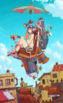  aircraft bare_shoulders bike_shorts bikini_top blue_eyes boots brown_hair choker city cloud day drink drinking drinking_straw flying from_below gloves goggles goggles_on_head helmet highres looking_at_viewer navel original parasol short_hair sky solo tanuki_koubou umbrella 